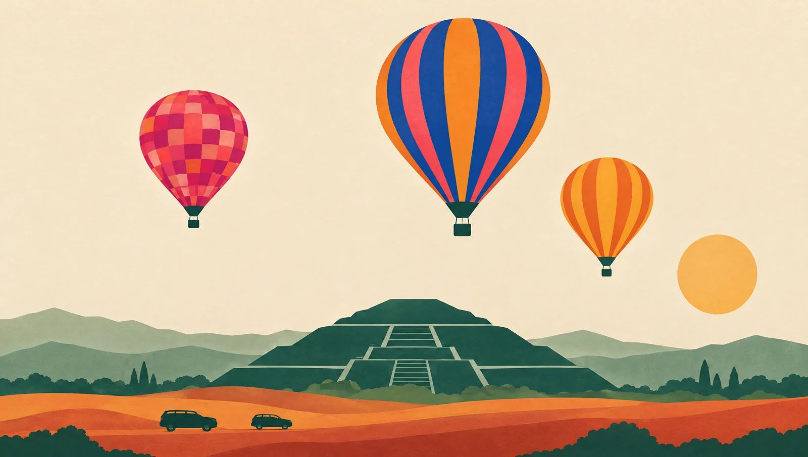 Ilustración minimalista de la pirámide de Teotihuacán, globos y camino